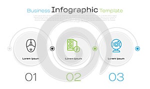 Set line Computer mouse, Case of computer and Web camera. Business infographic template. Vector
