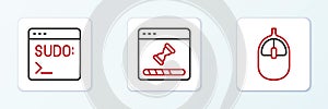 Set line Computer mouse, Code terminal and Loading data window icon. Vector