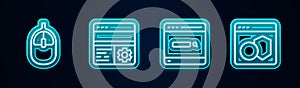 Set line Computer mouse, Debugging, Search engine and Software. Glowing neon icon. Vector