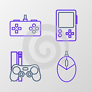 Set line Computer mouse gaming, Game console with joystick, Portable video game and Gamepad icon. Vector