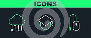 Set line Computer mouse, Network cloud connection and Graduation cap globe icon. Vector