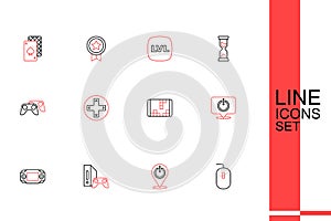 Set line Computer mouse, Power button, Game console with joystick, Portable video game, controller and icon. Vector