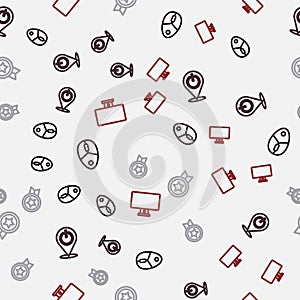 Set line Computer mouse, Power button, Game rating with medal and monitor on seamless pattern. Vector