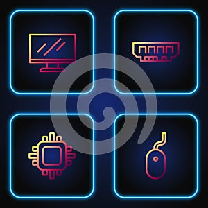 Set line Computer mouse, Processor with CPU, monitor screen and RAM, random access memory. Gradient color icons. Vector
