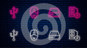 Set line Computer mouse, Server, Data, Web Hosting, USB and Case of computer. Glowing neon icon on brick wall. Vector