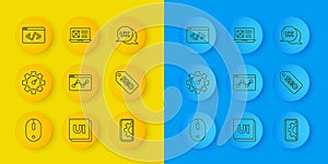 Set line Computer mouse, Website statistic, development, SEO optimization, Front end, UI or UX design and icon. Vector