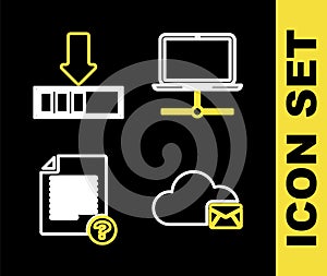 Set line Computer network, Cloud mail server, Unknown document and Loading icon. Vector