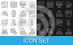 Set line Computer network, Cloud technology data transfer, Loading window, Monitor with graph chart, Search cloud