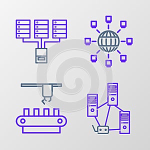Set line Computer network, Factory conveyor system belt, Social and Server, Data, Web Hosting icon. Vector