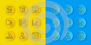 Set line Computer network, Folder and lock, Browser window, Broken file, Data analysis, Server, Data, Web Hosting