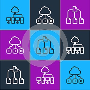 Set line Computer network, Folder tree and Cloud technology data transfer icon. Vector