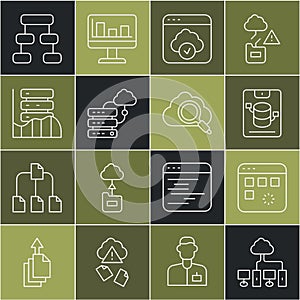 Set line Computer network, Loading data window, Server, Data, Web Hosting, Cloud technology transfer, Network cloud