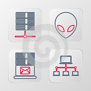 Set line Computer network, Mail server, Alien and Server, Data, Web Hosting icon. Vector