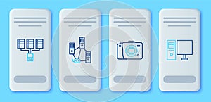 Set line Computer network, Mirrorless camera, Server, Data, Web Hosting and monitor icon. Vector