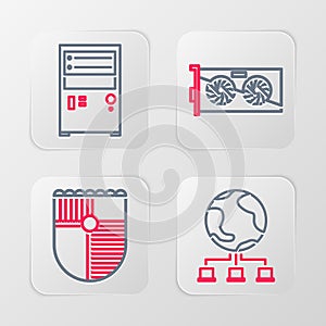 Set line Computer network, Shield for game, Video graphic card and icon. Vector