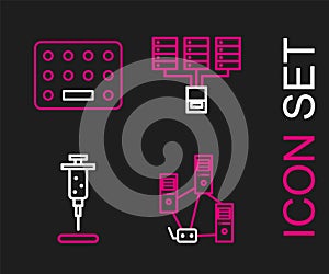 Set line Computer network, Syringe, Server, Data, Web Hosting and Pills blister pack icon. Vector