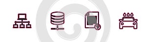 Set line Computer network, Unknown document, Server, Data, Web Hosting and Car wash icon. Vector
