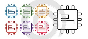 Set line Computer processor with microcircuits CPU icon isolated on white background. Chip or cpu with circuit board