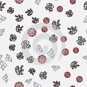Set line Computer vision, Humanoid robot, Security camera and Cryptocurrency coin Bitcoin on seamless pattern. Vector