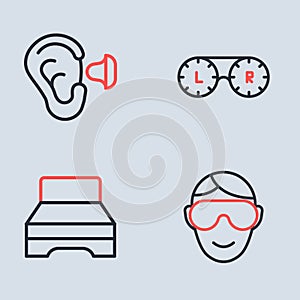 Set line Contact lens container, Big bed, Eye sleep mask and Earplugs and ear icon. Vector