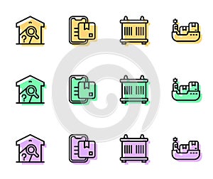 Set line Container, Warehouse check, Document tracking marker and Cargo ship with boxes delivery icon. Vector