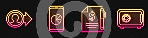 Set line Contract money and pen, Job promotion, Mobile phone with graph chart and Safe. Glowing neon icon. Vector