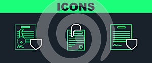 Set line Contract with shield, Document key and File document and paper clip icon. Vector