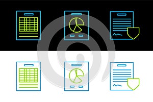 Set line Contract with shield, Report file document and Document graph chart icon. Vector