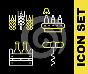 Set line Conveyor band, beer, Wine corkscrew, Pack of bottles and Wheat icon. Vector
