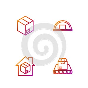 Set line Conveyor belt with box, Home delivery services, Carton cardboard and Warehouse. Gradient color icons. Vector