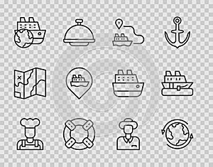 Set line Cook, Worldwide, Ship line path, Lifebuoy, Cruise ship, Location with cruise, Tourist and icon. Vector