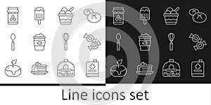Set line Cookbook, Candy, Ice cream in bowl, Coffee cup to go, Spoon, Jar honey, Kitchen whisk and icon. Vector