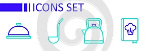Set line Cookbook, Kettle with handle, Kitchen ladle and Covered tray of food icon. Vector