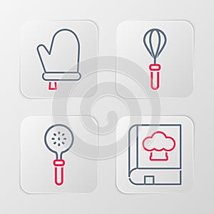 Set line Cookbook, Spatula, Kitchen whisk and Oven glove icon. Vector