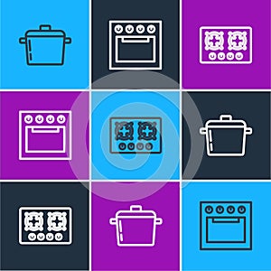 Set line Cooking pot, Gas stove and Oven icon. Vector