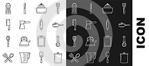 Set line Cooking pot, Pizza knife, Frying pan, Citrus fruit juicer, Coffee turk, Meat chopper, Salt and Rolling pin icon