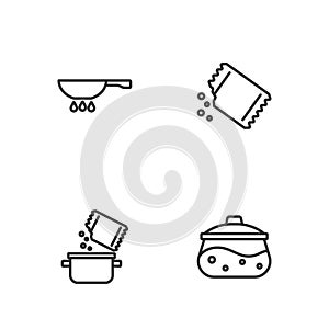 Set line Cooking pot, and spice, Frying pan on fire and Packet of pepper icon. Vector