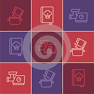 Set line Cooking pot and spice, Kitchen meat grinder and Cookbook icon. Vector