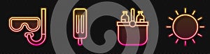 Set line Cooler bag and water, Diving mask and snorkel, Ice cream and Sun. Glowing neon icon. Vector