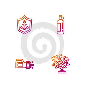 Set line Coral, Flashlight, Anchor inside shield and Aqualung. Gradient color icons. Vector