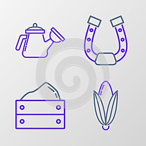 Set line Corn, Wooden box with harvest, Horseshoe and Watering can icon. Vector