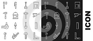 Set line Corner ruler, Ruler, Wheelbarrow, Snow shovel, Paint bucket, Claw hammer, Wooden axe and Sledgehammer icon