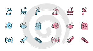 Set line Cosmic ship, Rocket with fire, UFO flying spaceship, Planet, Astronaut helmet, Alien, and Mars rover icon