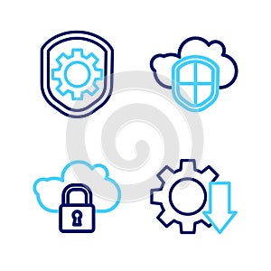 Set line Cost reduction, Cloud computing lock, and shield and Shield with settings gear icon. Vector