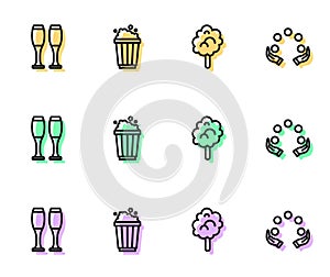 Set line Cotton candy, Bowling pin, Popcorn cardboard box and Juggling ball icon. Vector