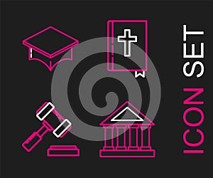 Set line Courthouse building, Judge gavel, Holy bible book and Graduation cap icon. Vector