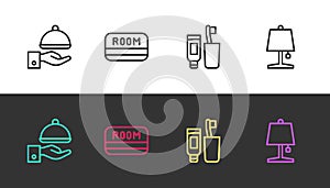 Set line Covered with tray, Hotel key card, Toothbrush and toothpaste and Table lamp on black and white. Vector