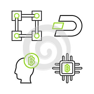 Set line CPU mining farm, Bitcoin think, Cryptocurrency Dash and Blockchain technology icon. Vector