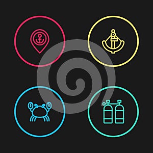 Set line Crab, Aqualung, Anchor and Location with anchor icon. Vector