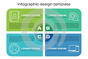 Set line Create account screen, Address book, Monitor and phone and Speech bubble chat. Business infographic template